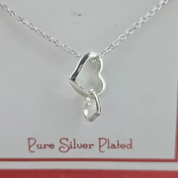 Jewelry - Women Necklace Double Heart Pendant Fashion Jewelry Pure Silver Plated Gift Bag